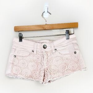 Dollhouse Y2K Junior Light Pink Frayed Jeans Shorts Lace Front Booty Shorts